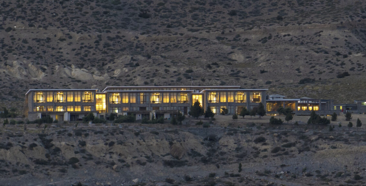 Evening exterior view of modern hotel in Mustang, Nepal.