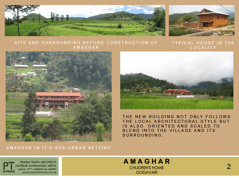 Hills, paddy fields, and traditional building designs.