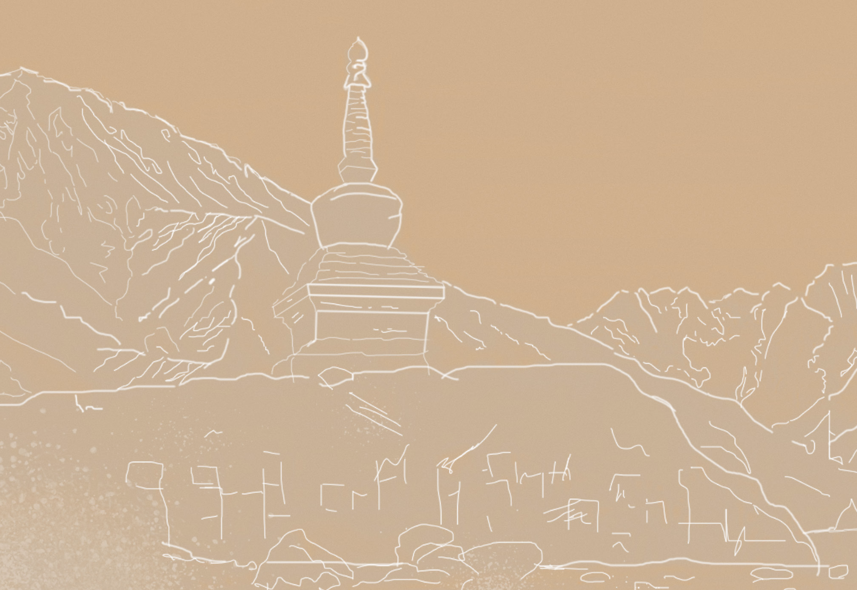 alt= Illustration of a buddhist stupa with mountainous background in a line drawing style on a sepia-toned backdrop.